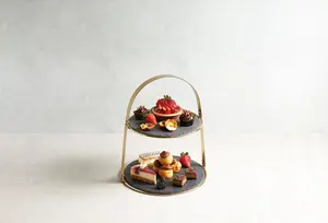 Artesa 2-Tier Brass Cake Display Serving Stand with Round Slate Platters Base