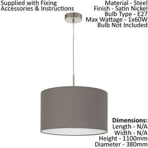 Pendant Ceiling Light Colour Satin Nickel Shade Anthracite Brown Fabric Bulb E27 1x60W