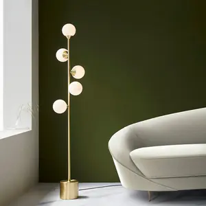 Luminosa Grosseto Multi Arm Floor Lamp Satin Brass Plate, Gloss White Glass