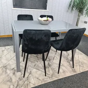 Grey Dining Table and 4 Black Velvet Chairs Kitchen Dining Set of 4 Glass Table