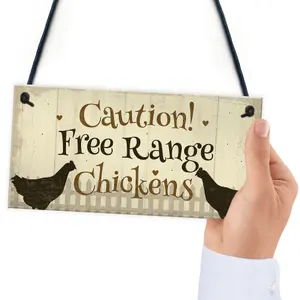 Red Ocean Caution Free Range Chickens Garden Signs Funny Novelty Hanging Sign Chicken Hen Sign