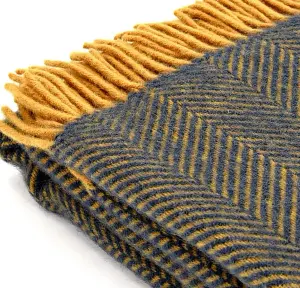 Herringbone Navy Blue & Mustard 100% Wool Throw