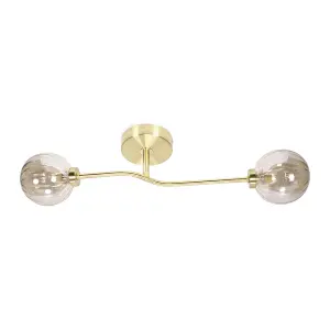 ValueLights Chessy Gold Metal Bar 2 Way Ceiling Light with Amber Ribbed Glass Globe Shades