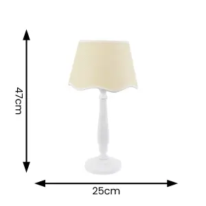 ValueLights Victoria White Wood Candlestick Table Lamp with Linen Scallop White Trim Tapered Shade