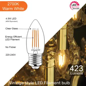 paul russells LED Filament Dimmable Candle Bulb, ES E27, 4.5W 470 Lumens, 40w Equivalent, 2700K Warm White, Pack of 10