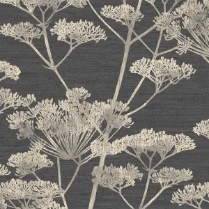 Boutique Serene Seed-Head Black & Gold Floral Wallpaper