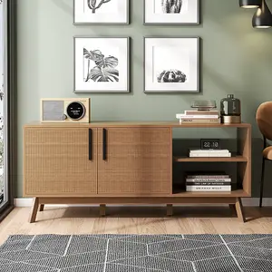 Wooden TV Stand with Storage Cabinet and Open Shelves