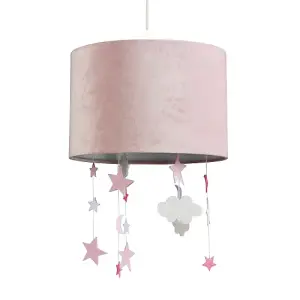 Soft Blush Pink Velvet Pendant Lamp Shade with Hanging Felt Stars and Clouds