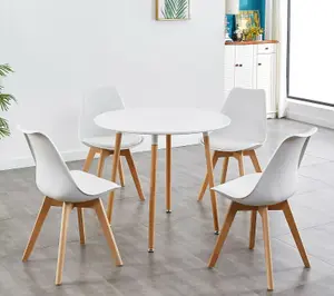 Round Dining Table and chairs set of 4  White Tulip Chairs Wood Circular Table