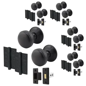 AFIT Lined Door Knob Set Matt Black - 4 Pairs of Mortice Knobs (55mm), Latch (76mm) & Hinges (76mm) for Internal Doors