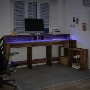 Berkfield Desk with LED Lights Brown Oak 200x104x91 cm Engineered Wood