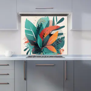 Green Orange Tropical Leaves Premium Glass Kitchen Splashback W600mm x H750mm