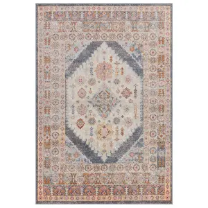 Floral Grey Traditional Abstract Persian Bordered Easy To Clean Rug For Dining Room-120cm X 170cm