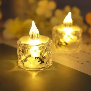 Set of 12 Clear Faceted LED Tealights - Battery Powered Faux Light Up Flame-Free Candle Lights Home Decoration - Each H5 x 3.8cm