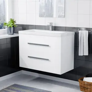 Nes Home Nanuya 800mm Gloss White Wall Hung 2 Drawer Vanity Cabinet & Ceramic Basin Sink