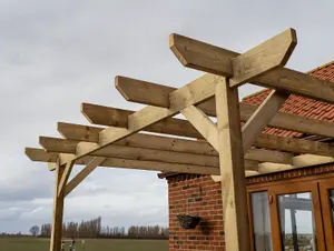 Lean to wooden garden pergola kit - Chamfered design wall mounted gazebo, 3m x 3m (Natural finish)