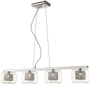 Luminosa Spring 4 Light Ceiling Pendant Bar Mesh Chrome Glass Four, G9