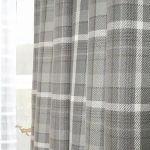 Woven Check Print Pair of Curtains, Charcoal - 46 x 54