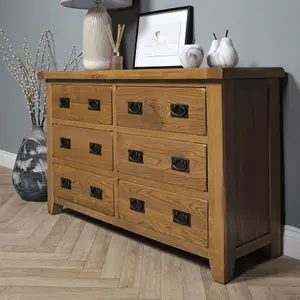 Elm Home And Garden Wide 6 drawer Chest Of Rustic Oak Drawers 78cm High x 128cm Wide x 40cm Deep