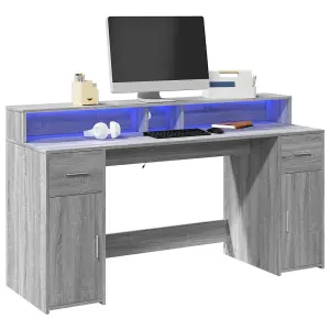 Berkfield Desk with LED Lights Grey Sonoma 160x55x91 cm Engineered Wood