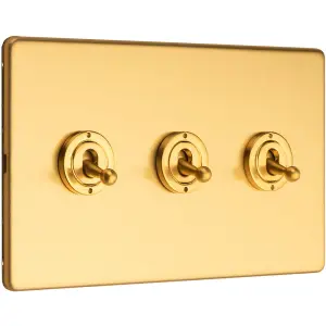 3 PACK 3 Gang Triple Retro Toggle Light Switch SCREWLESS SATIN BRASS 10A 2 Way