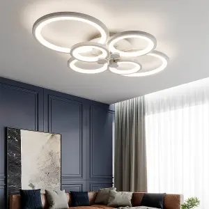 Modern 6 Circular White Metal and Acrylic LED Semi Flush Ceiling Light Fixture for Nordic Decor, Dimmable