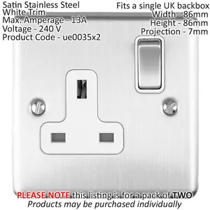 2 PACK 1 Gang Single UK Plug Socket SATIN STEEL 13A Switched White Trim Plate