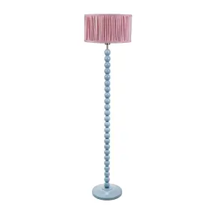 ValueLights Bobbins Powder Blue Floor Lamp with Ruched Pleated Blush Pink Drum Shade