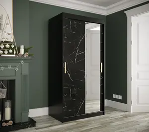 Compact Black Geneva T2 Sliding Door Wardrobe W1000mm H2000mm D620mm - Sleek Design, Gold Handles, Mirrored Door