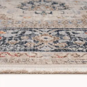 Beige Blue Traditional Floral Bordered Soft Fringed Rug 200x290cm