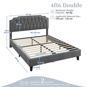 Yaheetech Dark Grey 4ft6 Double Upholstered Bed Frame with Button-Tufted Adjustable Headboard and Wooden Slat Support