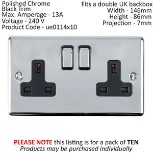 10 PACK 2 Gang Double UK Plug Socket POLISHED CHROME 13A Switched Black Trim