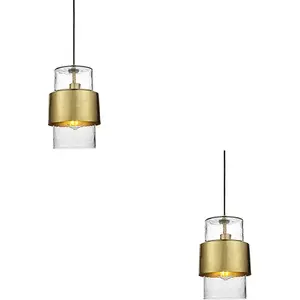 2 PACK Hanging Ceiling Pendant Light - Hammered Brass Plate & Textured Clear Glass - 10W LED E27