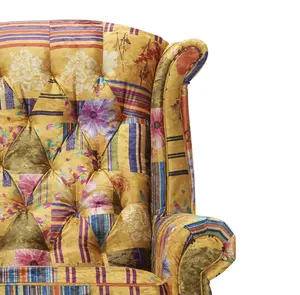 Fabric Gold Patchwork Chesterfield Avici Scroll Wingback Chair