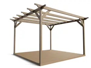 Timber Pergola and Decking Complete DIY Kit, Sculpted design (4.8m x 4.8m, Rustic brown finish)