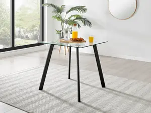 Furniturebox Seattle Scandi Inspired Glass and Black Metal Leg Square Dining Table & 4 Blue Pesaro Velvet Silver Leg Chairs