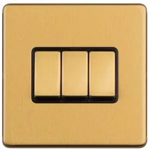 3 Gang Triple Light Switch SCREWLESS SATIN BRASS 2 Way 10A Metal Rocker Slim