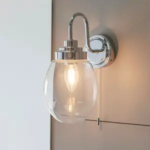 IP44 Bathroom Wall Light Chrome & Round Clear Glass Modern Curved Arm Oval Lamp