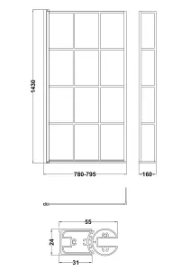 Black Frame 6mm Glass L Shaped Shower Bath Screen 1430 x 795 x 150mm