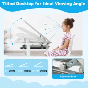 COSTWAY Kids Desk & Chair Set Adjustable Study Table with Tilting Tabletop