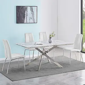 Deltino Diva Marble Effect Dining Table 4 Opal White Chairs