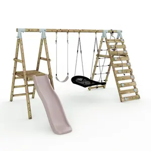 Limited Edition Rebo Wooden Double Swing Set with Slide plus Up and Over Climbing Wall - Quartz - Pastel Pink