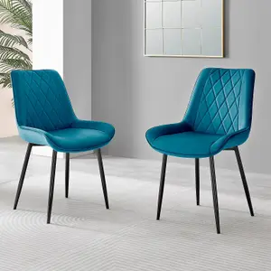 Set of 2 Pesaro Luxury Blue Soft Touch Diamond Stitched Velvet Black Powder Coated Metal Leg Dining Chairs