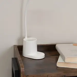 ValueLights Marco White Rechargeable Goose Neck Dimmable Desk Lamp with Pen Holder Dimmable Flexible Reading Task Light