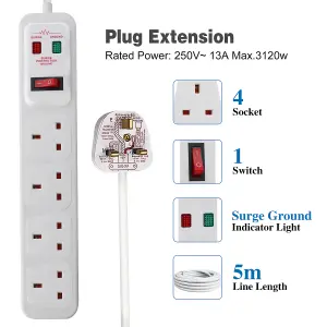 Extrastar 4 Gang Switched Surge-Protected Extension Lead 5M 13A