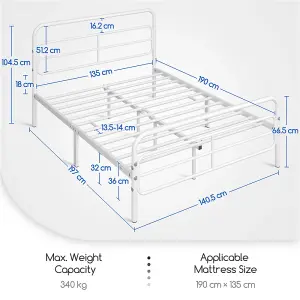 Yaheetech White 4ft6 Double Metal Bed Frame with Geometric Patterned Headboard and Footboard