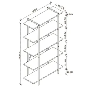 URBNLIVING 160cm Height Walnut 5-Tier Wooden Bookshelf With Metal Frame Living Room Storage & Display Unit