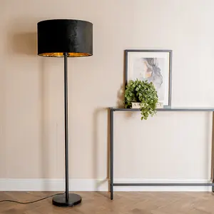 ValueLights Charles Black Stem Floor Lamp with Black Velvet and Gold Inner Lamp Shade and LED Bulb