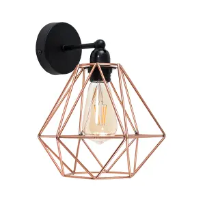 ValueLights Cambourne Industrial Satin Black Pipework Single Wall Light with Copper Metal Cage Light Shade