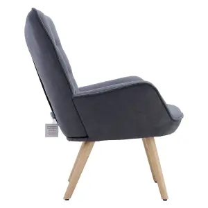 Grey Tufted Button Linen Armchair with High Back and Wooden Legs 92cm H